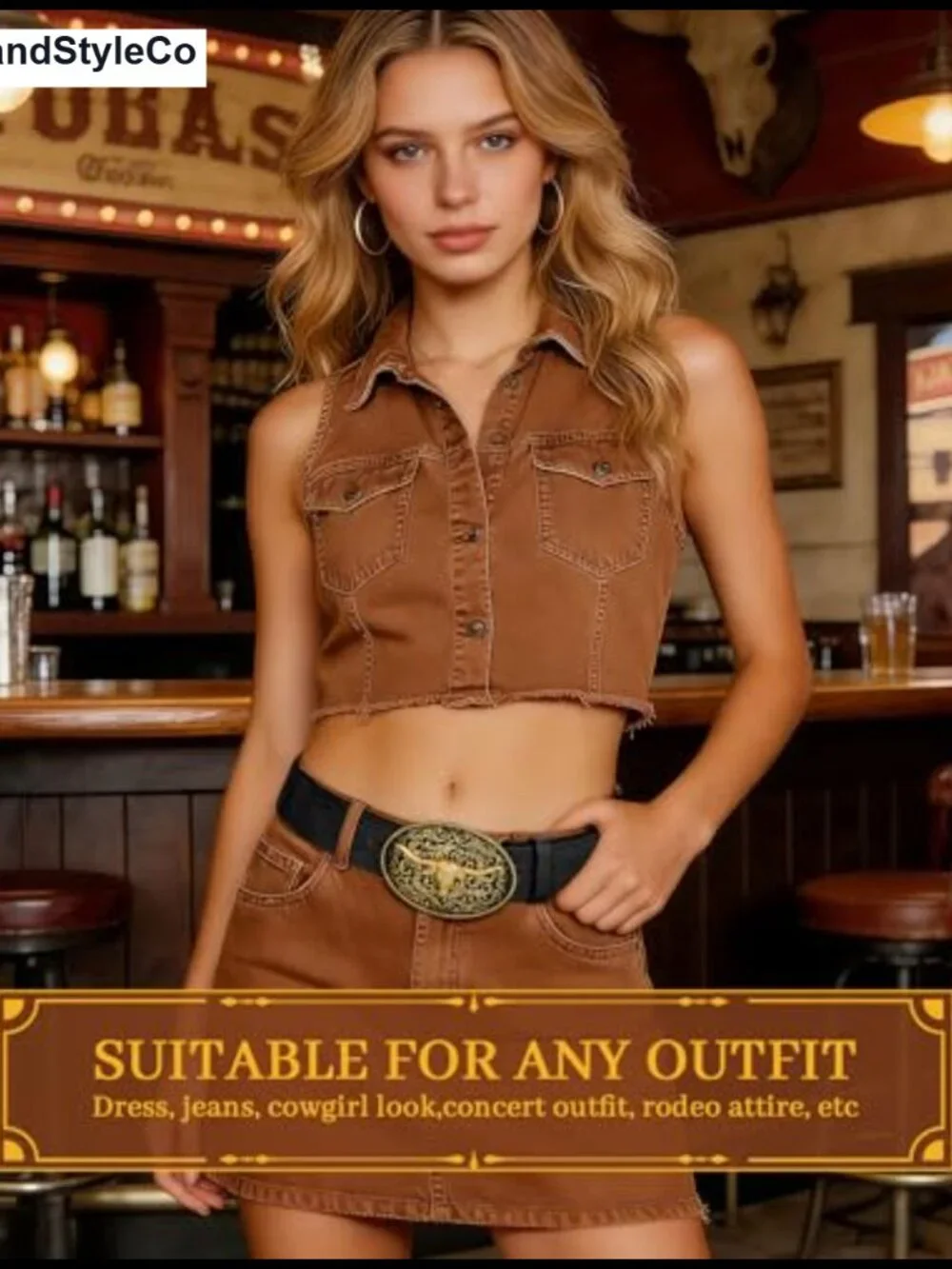 Vintage Western Cowgirl Belt with Bull Buckle Faux Leather